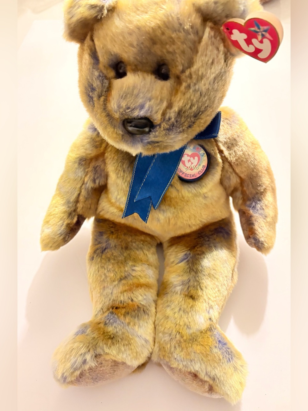Ty Plush Bear in Golden Brown with Blue Ribbon